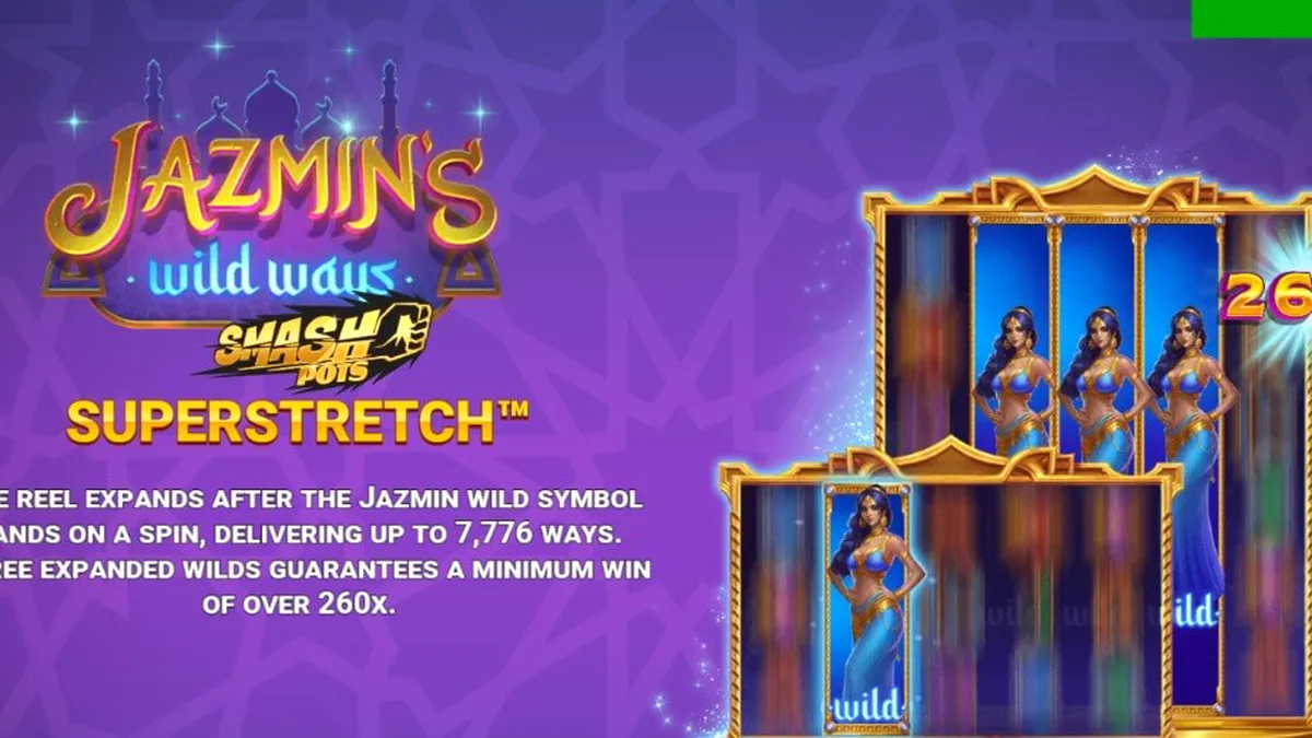 Tampilan visual mewah dari slot Jazmin’s Wild Ways Smash Pots dengan latar belakang istana Arabian.